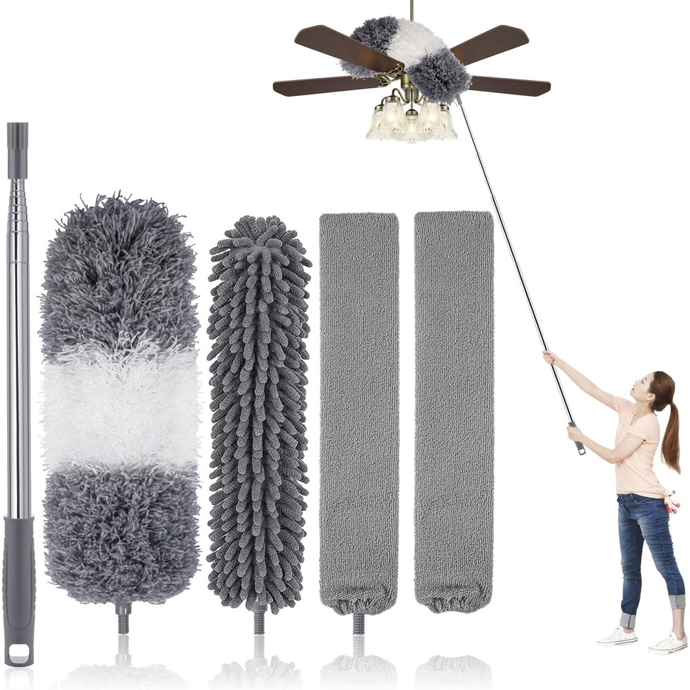 Microfiber Feather Duster Kit with Extension Pole 30–100″ – Bendable Washable…