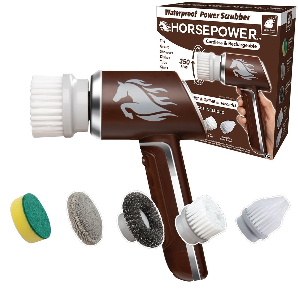 Horsepower Scrubber, Waterproof, Electric Power, Spins 350 RPM, 5 Brush Heads…