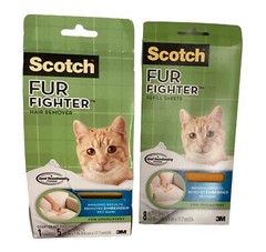 Scotch fur fighter pet cat hair remover handle starter kit + 8 refill sheets New
