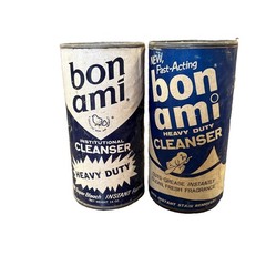 2- 1950s Bon Ami Cleanser Cans Institutional Cleanser Blue Advert Vintage FULL