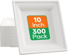 ECOLipak 10 Inch Square Paper Plates, 300 Pack Compostable Heavy Duty Biodegra