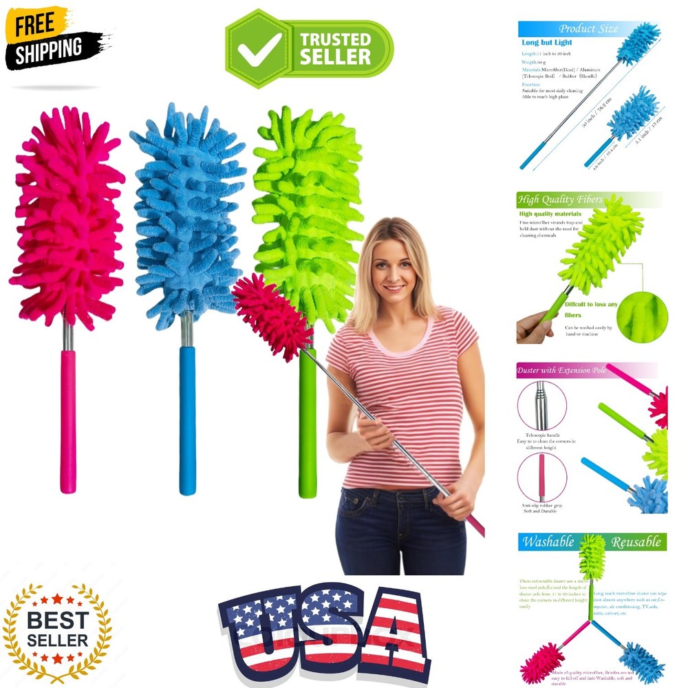 3 Pack Retractable Long- Washable Duster for Cleaning, Microfiber Hand Duster…