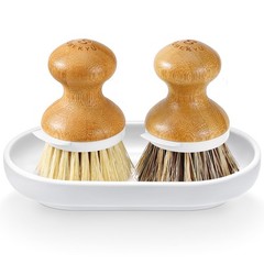Dish Brush Bamboo Dish Scrubber Brush Set With Tray Natural Kitchen Dishwashing