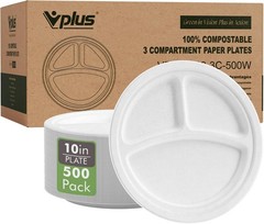 Vplus 100% Compostable Paper Plates, 500 Pack 10 Inch 3 Compartment Plates Dis