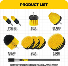 10 Piece Drill Brush Attachment Set Power Scrubber Yellow Extension (64