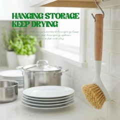 Yellow Wooden Dish Brush With Handle BuiltIn Scraper For Pots Pans