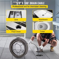 Drain Cleaning Cable 100 FT x 3/ 8 Inch, Solid Core Steel Sewer Cable with 4