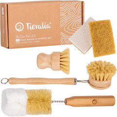 Tieralia Bamboo Dish Brush Set 5 Piece – Eco Friendly Kitchen Cleaning Kit with