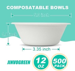 JINVOGREEN 500 Count 12 oz Paper Bowls, Disposable Compostable Bowls Bulk, Hea