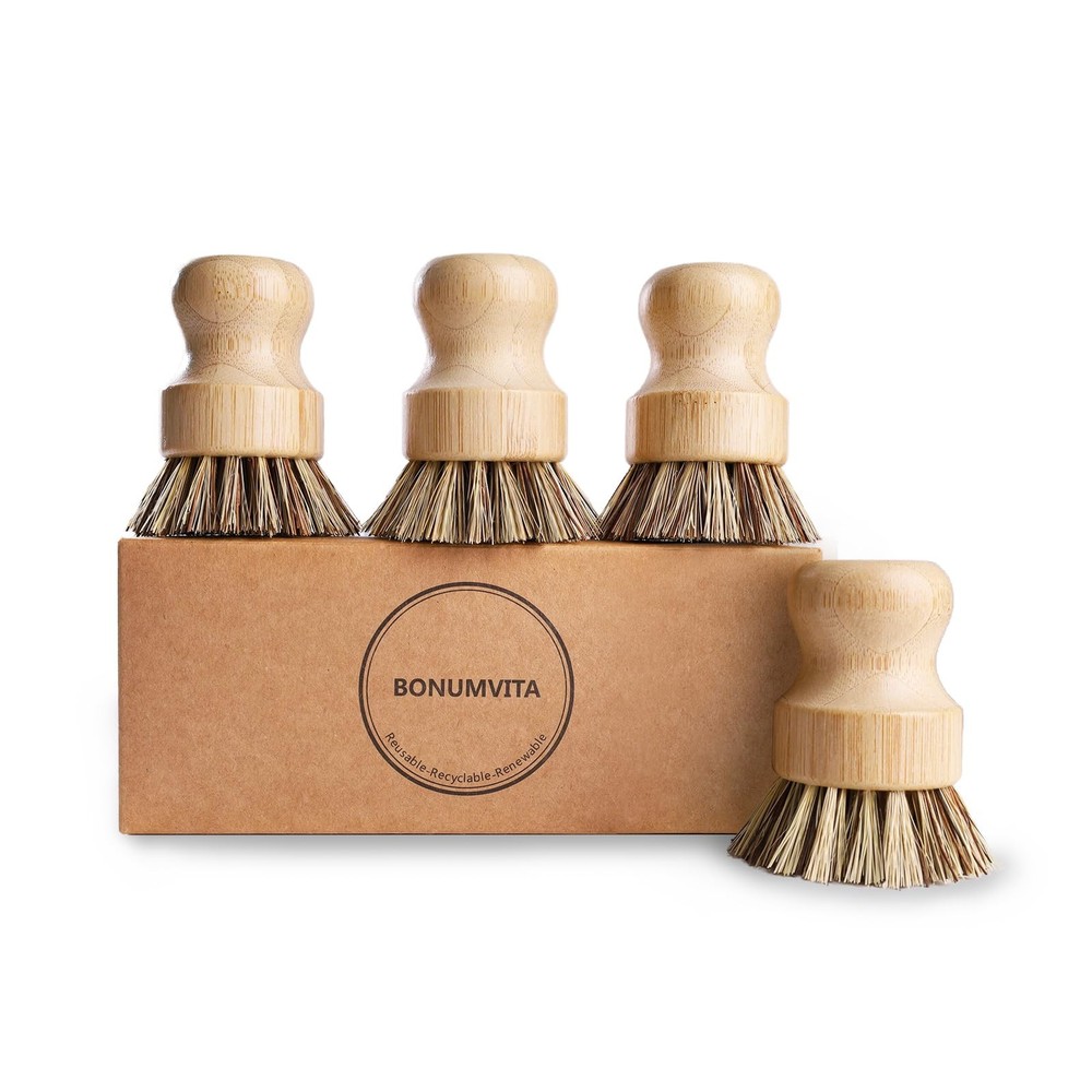 Bamboo Dish Brush Set4 Pack Kitchen Palm Pot Brush with Union Fiber Natural Ba