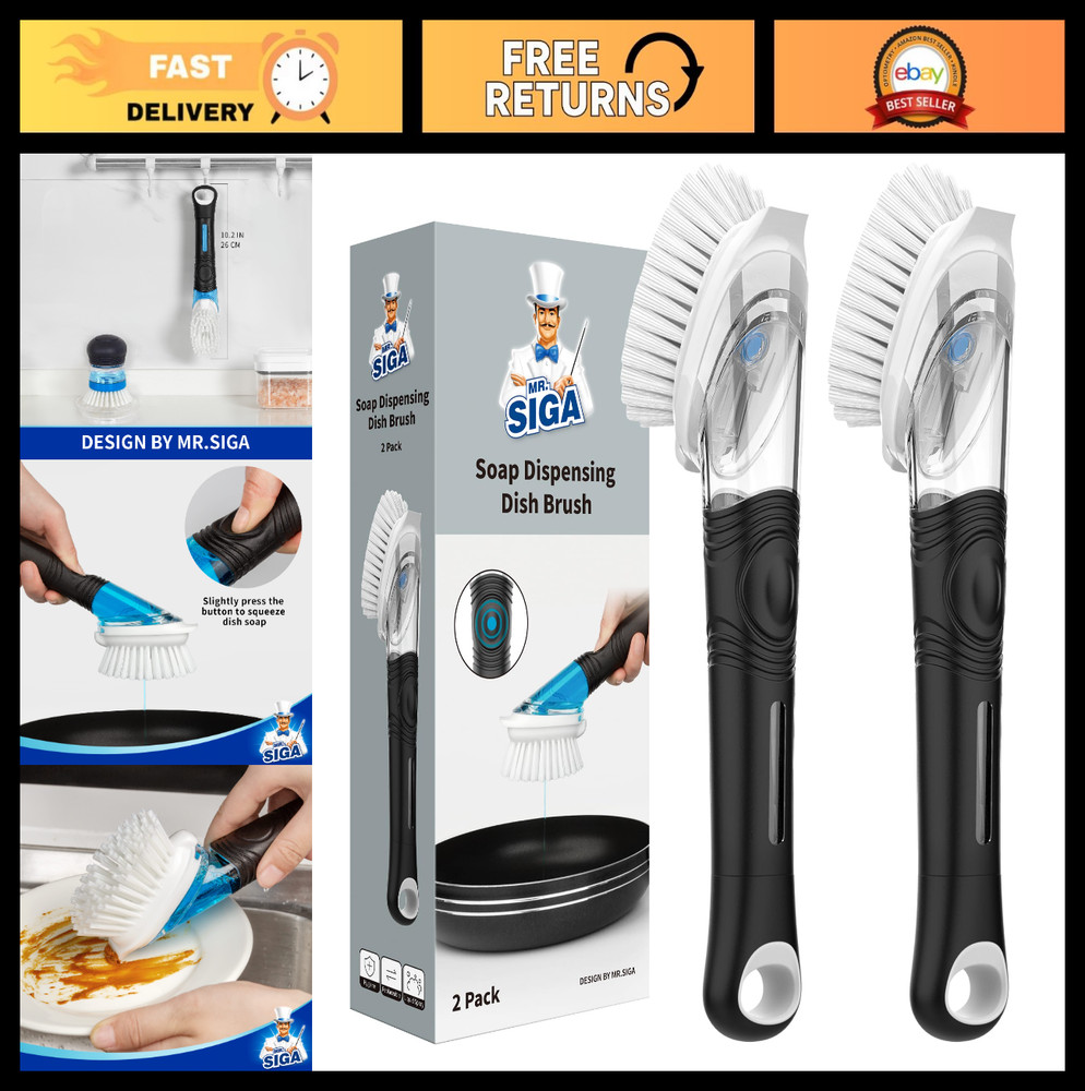 Soap Dispensing Dish Brush Set – Kitchen Pot Pan Sink Cleaner, 2 Pack