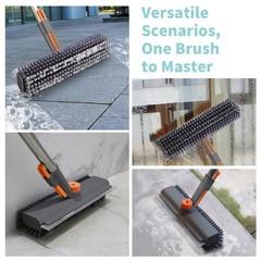 3-in-1 Floor Scrub Brush with Long Handle, Rotating Head & Squeegee for Easy Cle