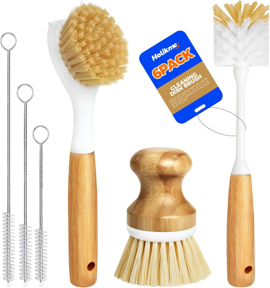 Holikme 6 Pack Dish Brush Scouring Pad Set with Bottle Brush, Dish Brush, Palm S