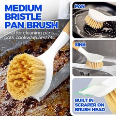 Soft Medium Hard Dish Brushes 3 Pack with Bamboo Handle for Kitchen Cleaning