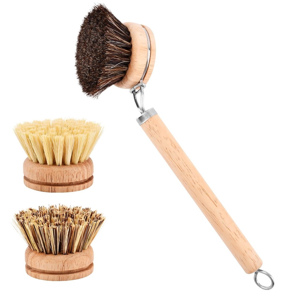 Bamboo Dish Brush Set, 1 Wooden Handle with 3 Natural Bristle Heads All Purpo…