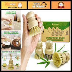 Eco-Friendly Bamboo Dish Brush Set – 3 Natural Wooden Scrubbers w/ Stiff Sisal &