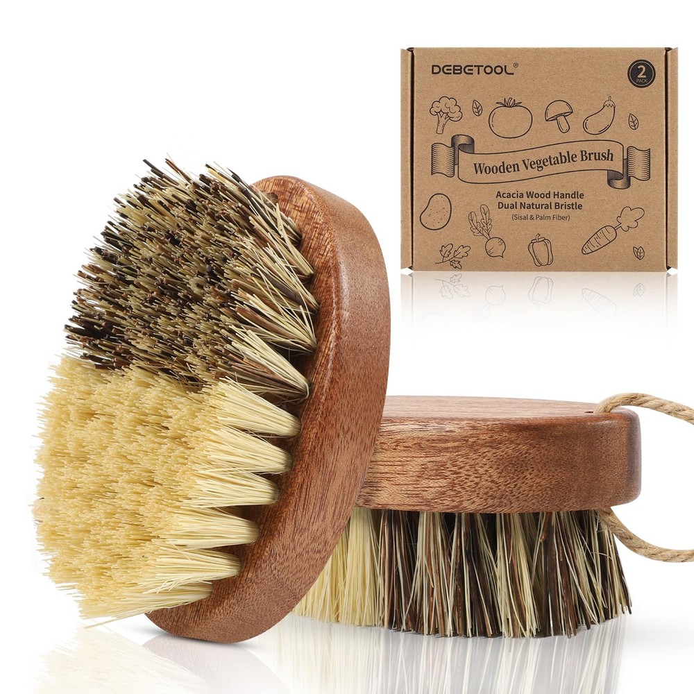 2 Pack Wooden Vegetable Brush Scrubber for Food Dual Bristle Potato Brush Sc…