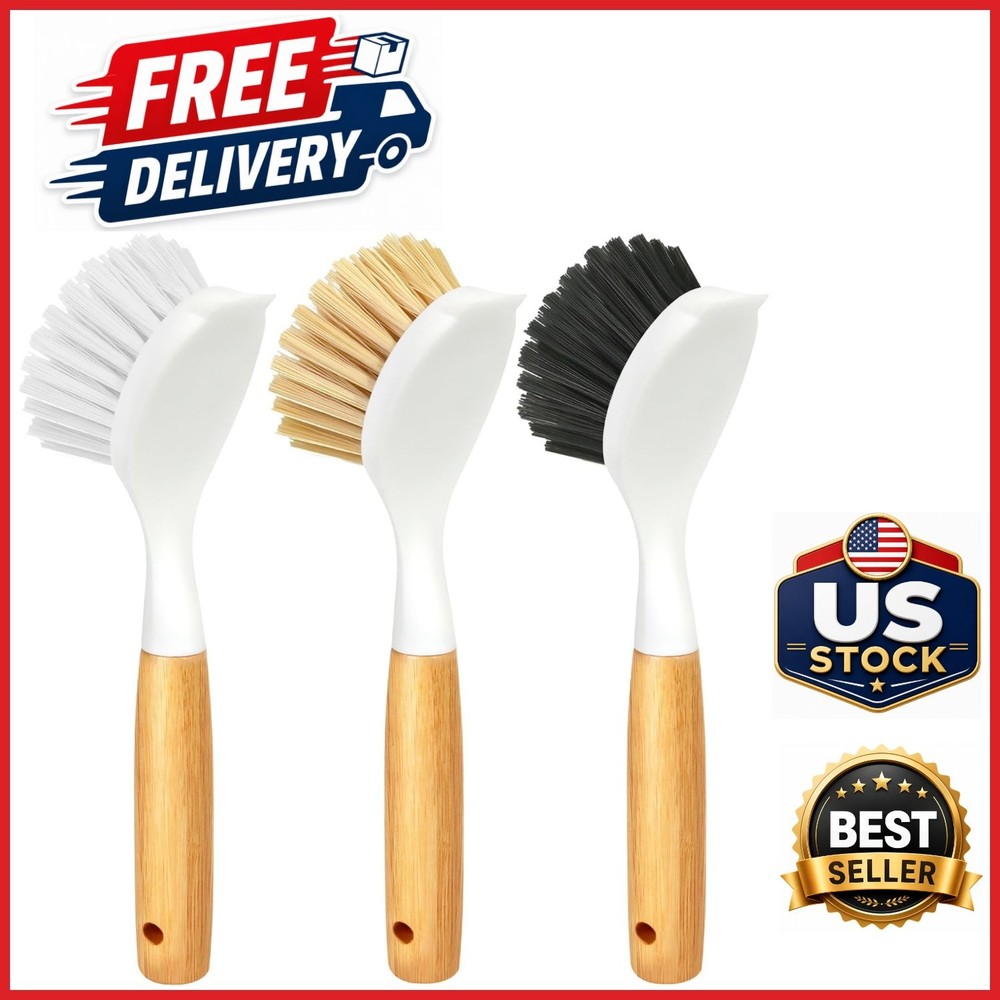 Soft Medium Hard Dish Brushes 3 Pack with Bamboo Handle for Kitchen Cleaning