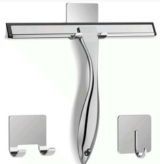 Stainless Steel Shower Squeegee w Hooks for Glass Mirror Tile 10in