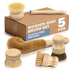 5 Pcs Bamboo Dish Brush Set – Bamboo Dish Scrubber with Soft & Stiff Non-Scra…