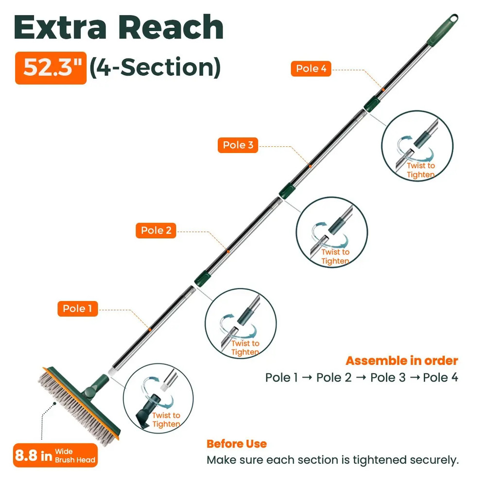 3-In-1 Adjustable Floor Scrub Brush with Long Comfortable Handle, PVC Bristles,